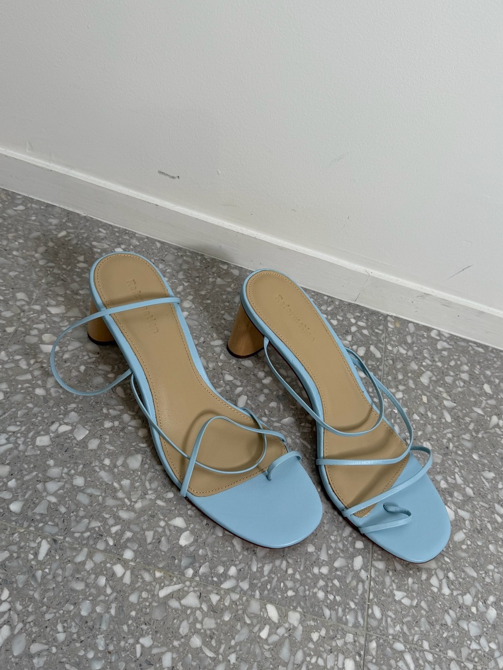 Reformation Pale Blue Strappy Block Heel Sandals